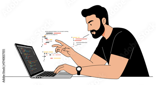 Man with beard programs at laptop wearing watch with code visualized behind