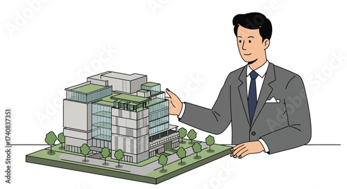 Man in suit presents building model with trees on a platform