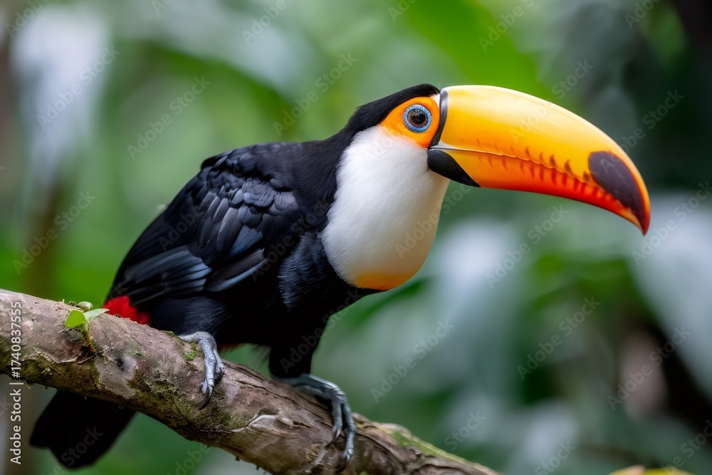 Naklejka premium Toco toucan bird perching on tree branch in jungle