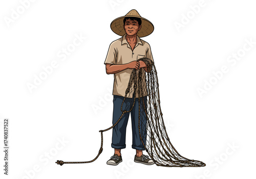 Cartoon of a man in a hat holding a net