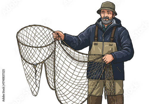 Fisherman holding a net with a bucketlike structure attached