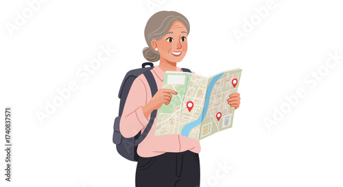 An older woman with a backpack looks at a map