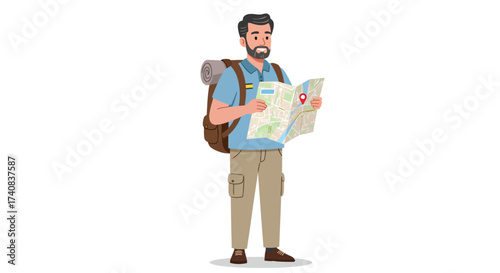 Bearded man with backpack holds a map wearing khaki pants  a blue shirt