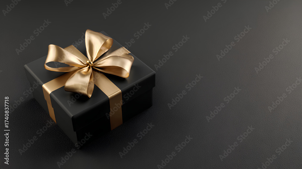 Obraz premium Black gift box gold bow ribbon luxury present elegant surprise celebration minimal style on textured background