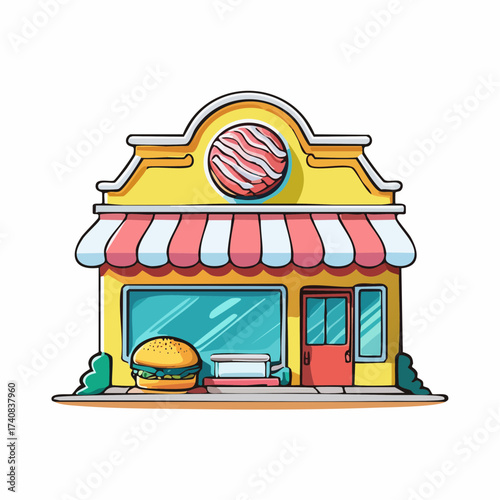 Burger shop facade with awning and signage