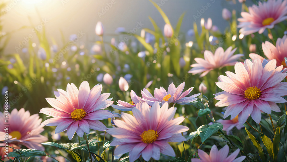 Fototapeta premium Shallow depth of field view of gentle pink cosmos flowers at sunrise
