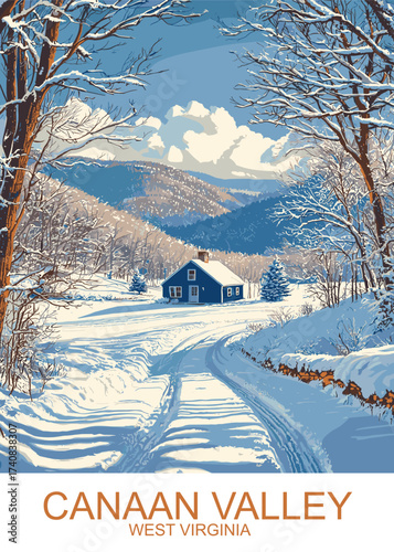 A serene vector art of winter in Canaan Valley, West Virginia, featuring a blue house along a snowy road with trees and distant mountains under a bright sky, ideal for travel posters and web design.