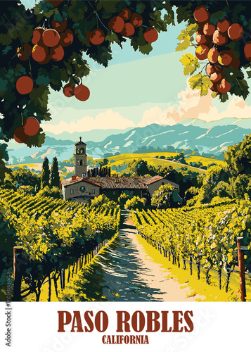 Charming vector illustration of Paso Robles, California, vineyard with a historic winery featuring a clock tower, vineyards, rolling hills, and distant mountains