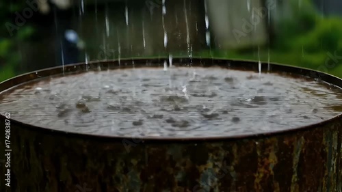 Heavy Rain Falling and Splashing into a Rusty Water Barrel.