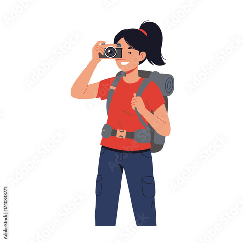Young woman tourist with backpack and camera capturing scenic views on an adventure trip illustration