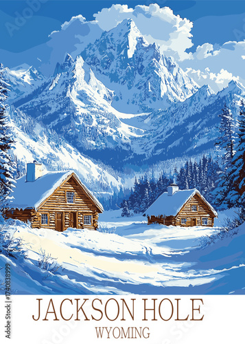 An idyllic vector art of winter cabins in Jackson Hole, Wyoming, showcasing snow-covered log cabins under a partly cloudy sky with majestic mountains in the background, ideal for travel posters.