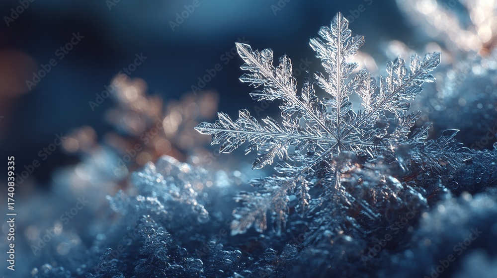 Fototapeta premium Close up of snowflake crystal on frosty surface