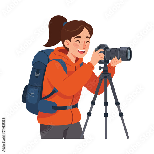 Outdoor photographer capturing scenic views with professional camera and tripod adventure illustration