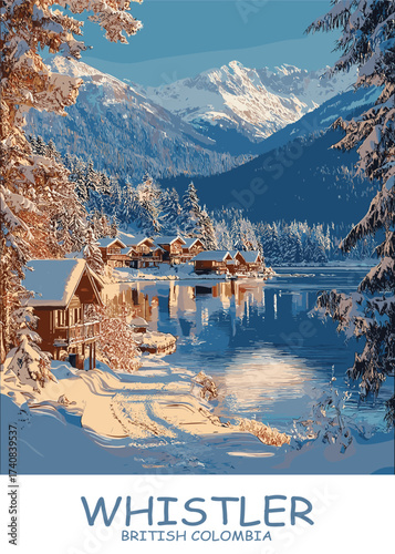 Idyllic winter lakeside scene in Whistler, British Columbia showcasing snow-covered homes nestled along a tranquil lake surrounded by forests, a vector illustration for travel and nature themes