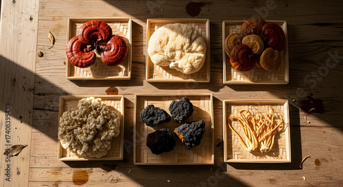 Assortment of medicinal mushrooms in square bamboo baskets on wooden surface