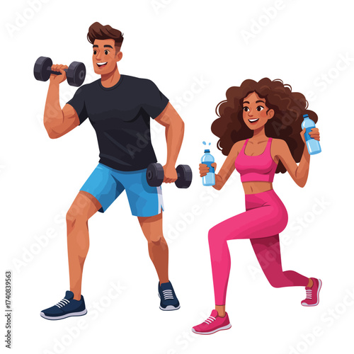 Energetic couple engaged in fitness routine with dumbbells and water bottles illustration