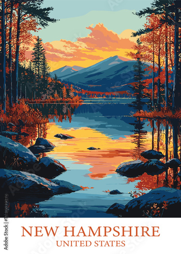 Serene new hampshire lake at sunset vector illustration reflecting the colorful sky and surrounding autumn foliage, ideal for calendars and scenic prints