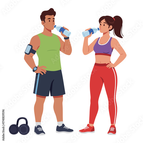 Healthy couple staying hydrated after workout fitness lifestyle couple drinking water together illustration