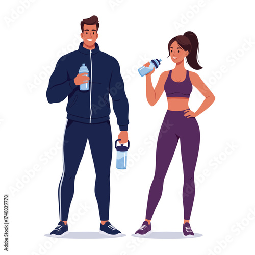 Active couple enjoying fitness hydration after workout session together illustration