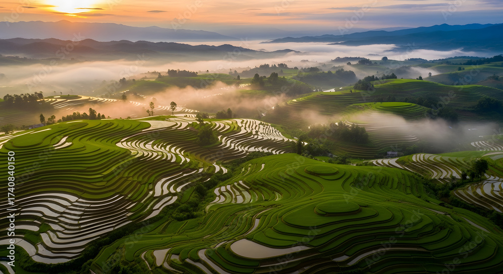 Naklejka premium Beautiful Rice Terraces in Northern Vietnam at Sunrise Scenery