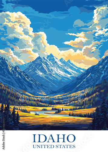 Idaho USA River Valley Vector - Towering Mountains, Dramatic Clouds, Nature Scenic Tourism Poster