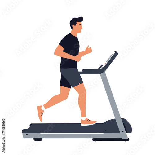 Fit man running on treadmill machine for cardio fitness and aerobic exercise indoors illustration