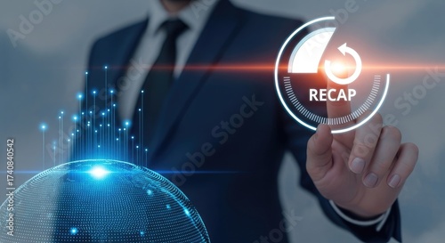 Man Touching Recap Digital Interface with Blue Dotted Globe and Light Streaks