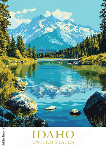 Peaceful vector illustration of an alpine lake in Idaho reflecting majestic mountains and lush forests, perfect for travel brochures and showcasing serene natural beauty of the region