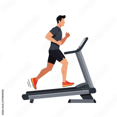 Fit man running on modern treadmill for cardio workout home fitness training illustration