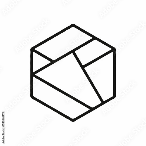 Modern minimalist hexagon logo with geometric lines forming triangular and trapezoidal shapes. Clean black-and-white vector design ideal for branding, tech logos, architecture, or abstract art.