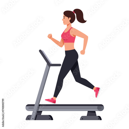 Energetic woman running on treadmill indoors for fitness and weight loss exercise illustration