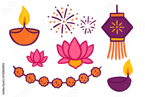 Vibrant Diwali illustration featuring glowing diyas, marigold garland, lotus flower, lantern, and fireworks. Perfect festive vector art for Diwali greeting cards, posters, and decor designs.