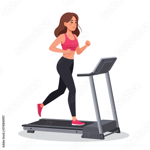 Active woman exercising running on treadmill indoors for fitness and health illustration