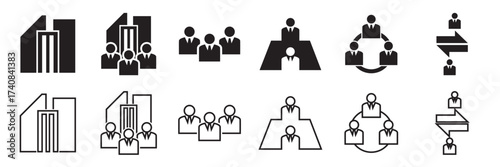 Corporate business icons set . Collection of corporate  icons showing office buildings, teamwork, meetings, business growth, and organizational structures for professional design use.
