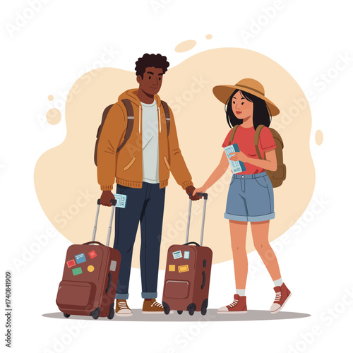 Young diverse couple holding hands with luggage ready for a travel adventure illustration