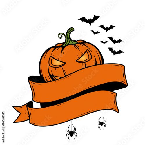 Spooky Halloween pumpkin with bats and spiders on a festive banner, perfect for seasonal celebrations and holiday promotions