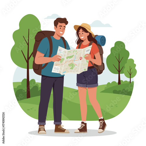Happy couple backpacking outdoors looking at a map planning adventure together illustration