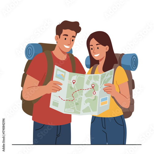 Young adventurous couple examining a hiking trail map together planning their next outdoor expedition illustration