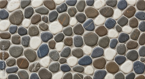 Pebble Stone Mosaic Texture, Natural River Rocks Background, Brown Grey Beige Marble Material