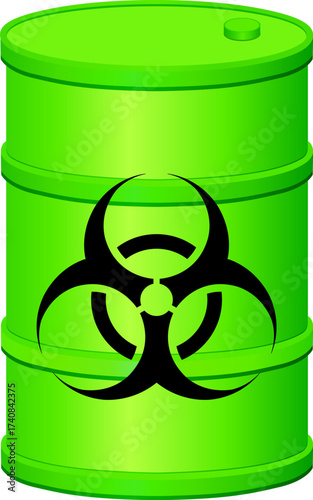 Green hazardous waste barrel icon with biohazard warning symbol.