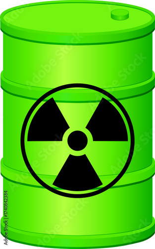 Green hazardous waste barrel icon with radioactive warning symbol.