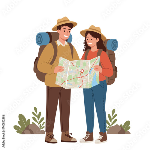 Happy couple backpackers studying a map together planning their next adventure outdoors illustration