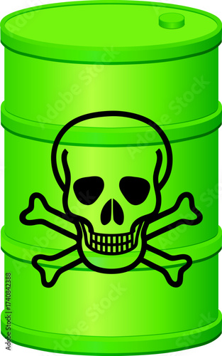 Green hazardous waste barrel icon with poison warning symbol with skull.