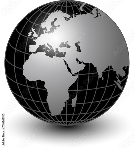 Earth globe 3D icon,  planet earth symbol silver black with meridians and parallels isolated.