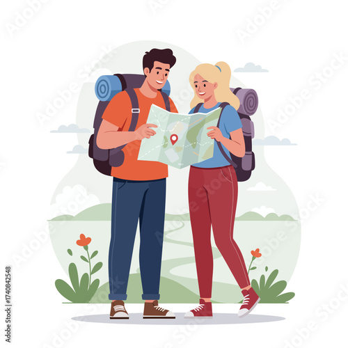 Couple backpackers studying map outdoors planning adventure trip together outdoors illustration