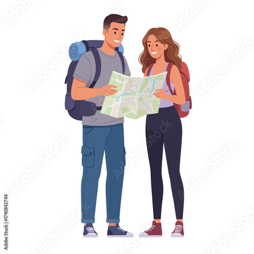 Couple holding map planning adventure together backpacking travel journey outdoor exploration illustration