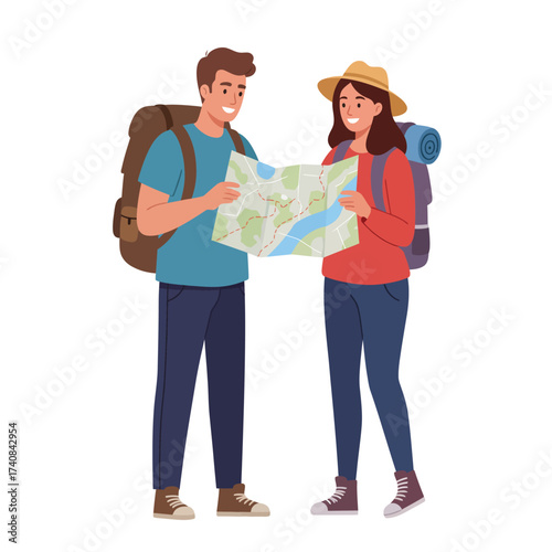 Happy couple backpackers studying a map for adventure planning and travel destinations illustration
