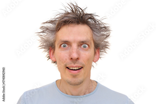 Man with wild hair expressing astonishment on a white background.