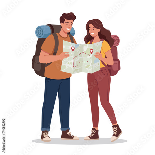 Happy couple backpackers examining map planning adventure together outdoors illustration