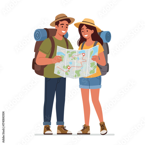 Happy couple backpackers consulting a map planning their exciting adventure together illustration